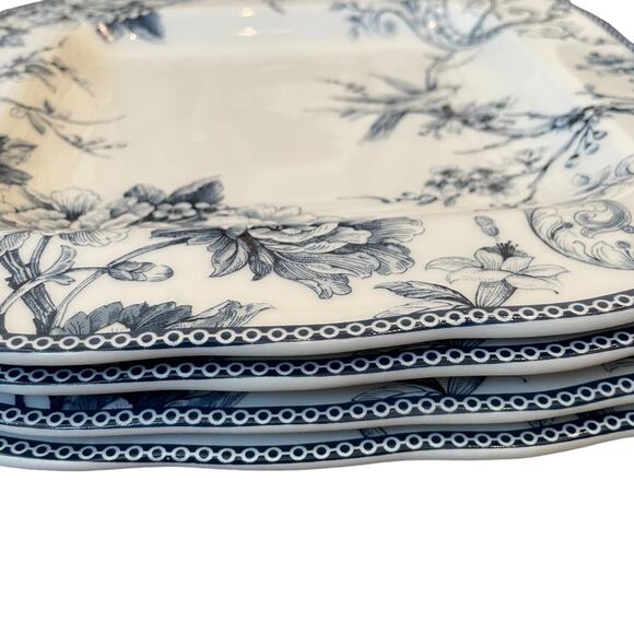 222 Fifth Adelaide Blue Salad Plates 8.5in Square Set of 4 Bird & Floral Design - Picture 6 of 7